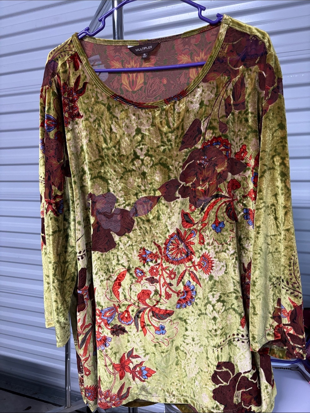 Multiples Olive Green Crushed Velvet Floral Scoop Neck Long Sleeve Top